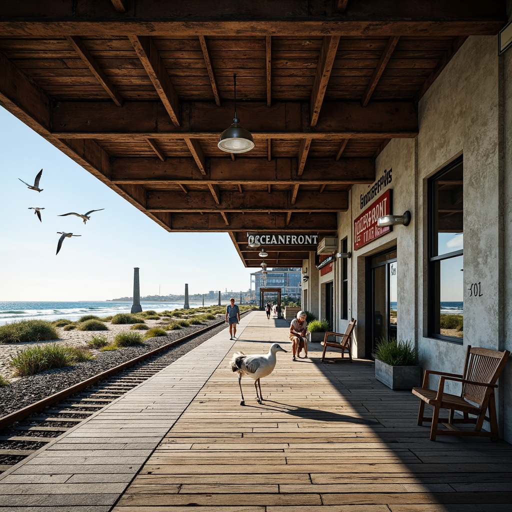 Prompt: Oceanfront train station, weathered wooden planks, rusty metal beams, nautical-themed signage, salty sea air, seagulls flying overhead, waves crashing against the shore, sandy dunes, beachy vegetation, driftwood sculptures, distressed concrete walls, industrial-style lanterns, functional architecture, modernized Art Deco elements, ocean-blue color scheme, large windows with coastal views, warm natural light, shallow depth of field, 2/3 composition, realistic textures, ambient occlusion.