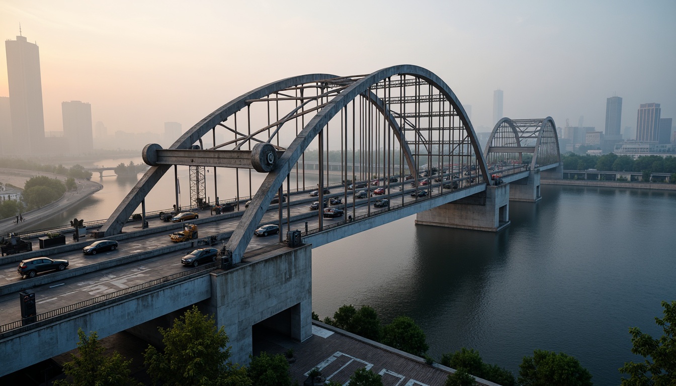 Prompt: Rugged vehicular bridge, steel arch structure, reinforced concrete piers, cable-stayed suspension, robust foundation systems, load-carrying capacity, high-strength materials, corrosion-resistant coatings, intricate drainage networks, waterproof membranes, durable asphalt pavement, raised roadways, sweeping curves, urban cityscape, morning mist, soft warm lighting, shallow depth of field, 1/1 composition, realistic textures, ambient occlusion.