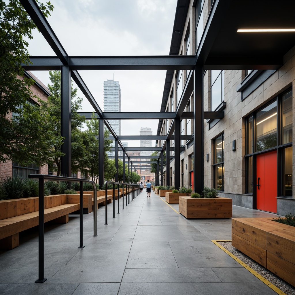 Prompt: Industrial steel beams, polished concrete floors, smooth wooden accents, minimalist metal railings, bold primary color schemes, geometric glass windows, brutalist stone walls, functional minimal decor, urban cityscape backdrop, cloudy overcast day, dramatic high-contrast lighting, shallow depth of field, 2/3 composition, symmetrical framing, realistic textures, ambient occlusion.