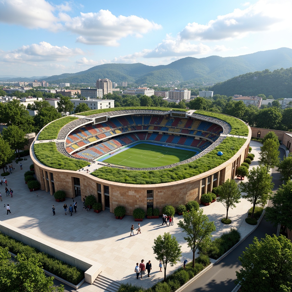 Prompt: \Vibrant stadium architecture, lush green roofs, living walls, cascading water features, natural stone fa\u00e7ades, sweeping curves, dramatic cantilevers, panoramic views, mountainous landscape, rolling hills, verdant trees, sunny day, soft warm lighting, shallow depth of field, 3/4 composition, realistic textures, ambient occlusion, grand entrance plaza, pedestrian walkways, public art installations, dynamic LED light displays.\