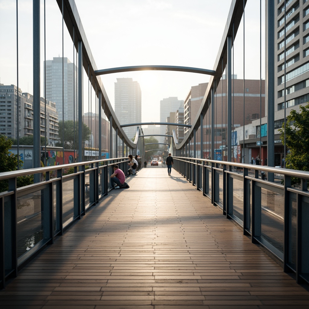 Prompt: Curved pedestrian bridge, stainless steel cables, wooden decking, modern minimalist architecture, sleek railings, glass barriers, urban cityscape, vibrant street art, morning mist, soft warm lighting, shallow depth of field, 3/4 composition, panoramic view, realistic textures, ambient occlusion.