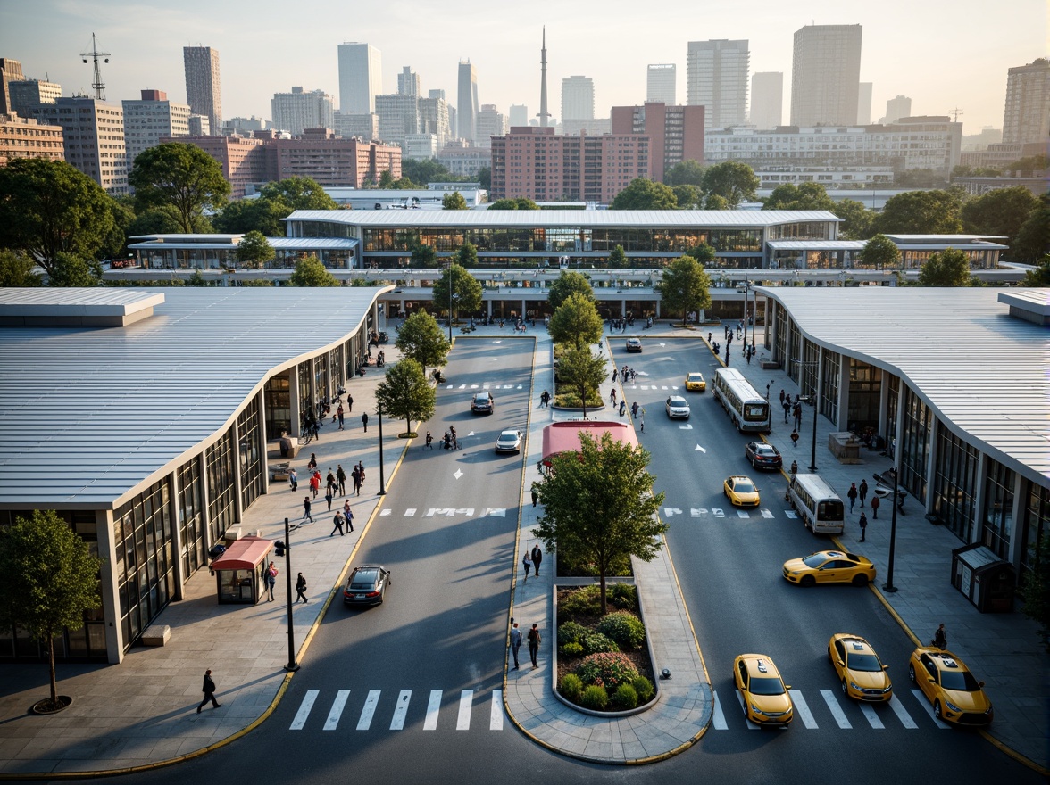 Prompt: Bustling transportation hub, modern architecture, sleek metal roofs, glass fa\u00e7ades, efficient layout, pedestrian-friendly walkways, vibrant urban landscape, busy streets, taxis, buses, trains, subway stations, bike lanes, pedestrian bridges, urban furniture, dynamic lighting, shallow depth of field, 1/2 composition, wide-angle lens, realistic textures, ambient occlusion.