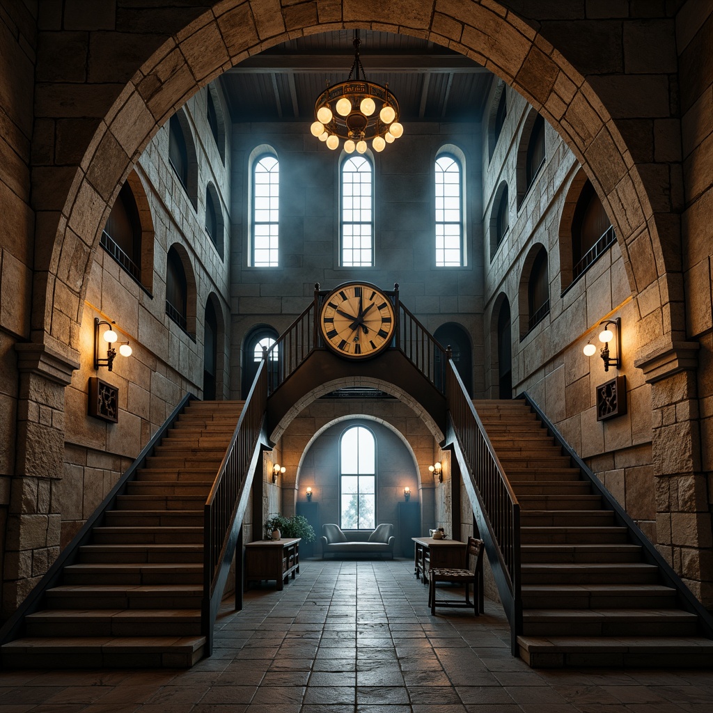 Prompt: Rustic watchtower, ancient stone walls, weathered wooden accents, mystical lanterns, winding staircases, grand clock faces, Romanesque arches, ornate ironwork, mysterious narrow windows, dramatic misty atmosphere, soft warm lighting, 1/1 composition, symmetrical view, realistic textures, ambient occlusion.