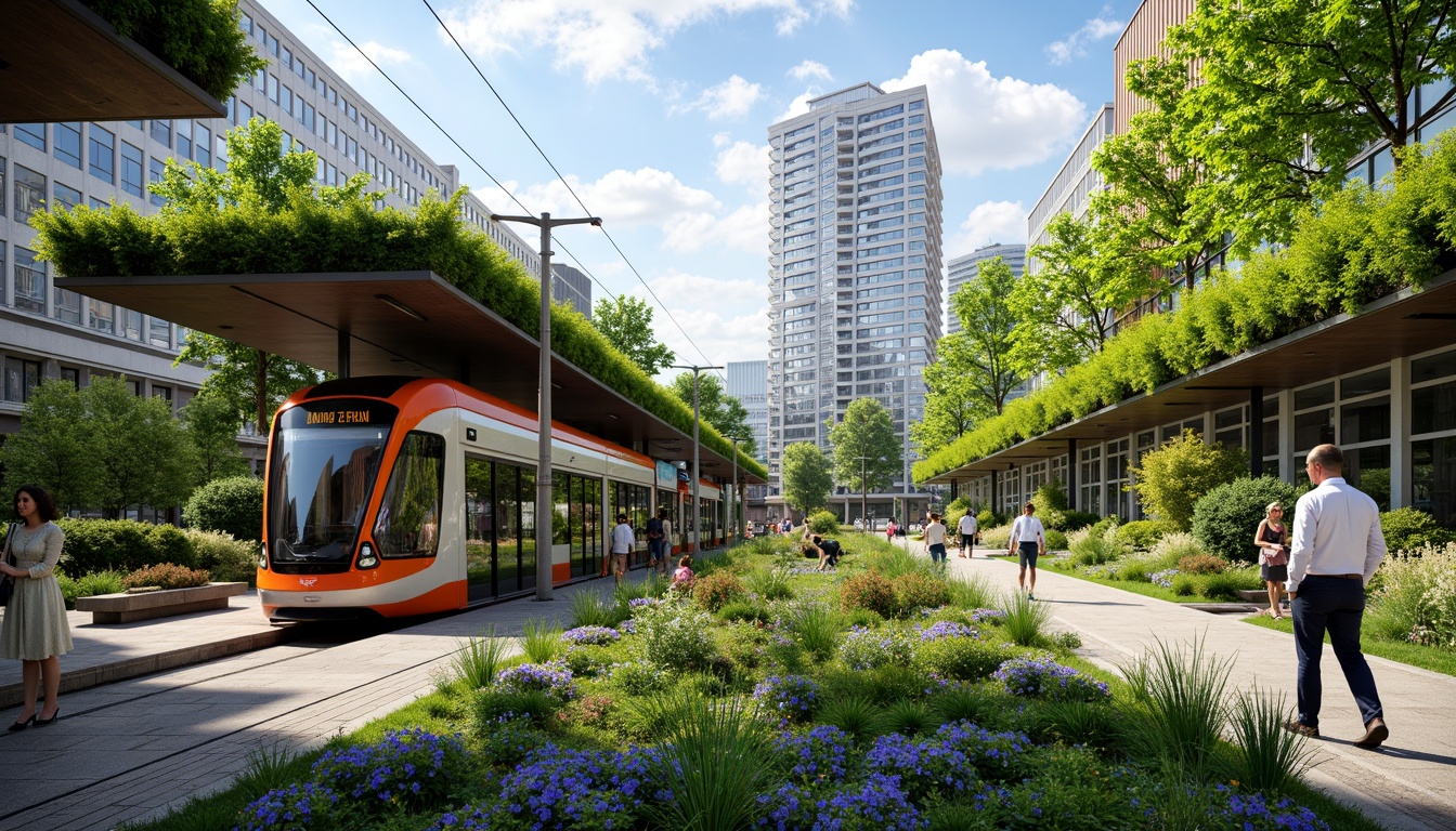 Prompt: Vibrant tram station, lush green roofs, urban oasis, thriving vegetation, blooming flowers, verdant walls, natural insulation, reduced energy consumption, improved air quality, noise reduction, increased biodiversity, modern architecture, sleek metal structures, large glass windows, ample natural light, shallow depth of field, 3/4 composition, panoramic view, realistic textures, ambient occlusion.