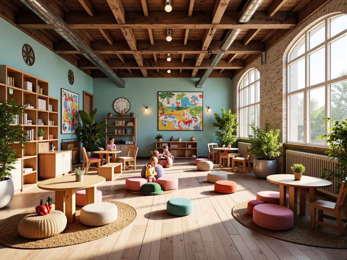 Prompt: Vibrant kindergarten interior, eclectic mix of colors, playful furniture, wooden tables, tiny chairs, soft cushions, woven baskets, natural fiber rugs, whimsical wall art, educational posters, interactive displays, sensory play areas, building blocks, Lego stations, reading nooks, cozy corners, oversized pillows, fairy lights, warm pastel hues, distressed wood accents, industrial metal beams, exposed brick walls, circular windows, abundant greenery, lush plants, flexible seating arrangements, collaborative workspaces, circular tables, ergonomic chairs, adaptive technology integration, softbox lighting, 1/1 composition, shallow depth of field, realistic textures.