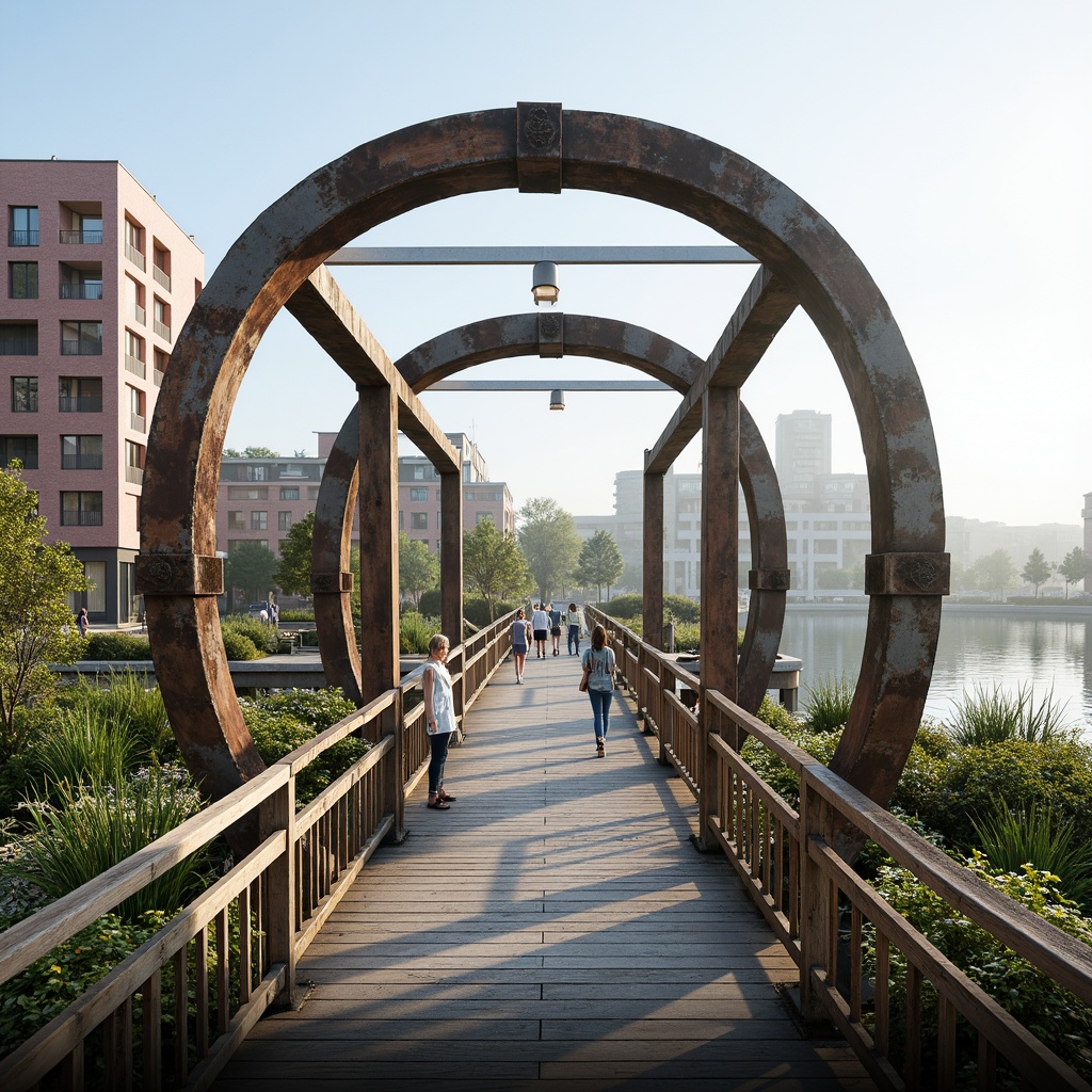 Prompt: Eco-friendly pedestrian bridge, curved metal arches, weathered steel beams, reclaimed wood decking, solar-powered lighting, energy-harvesting railings, green roofs, native plant species, urban waterfront setting, serene lake views, misty morning atmosphere, soft natural light, shallow depth of field, 1/1 composition, realistic materials, ambient occlusion.