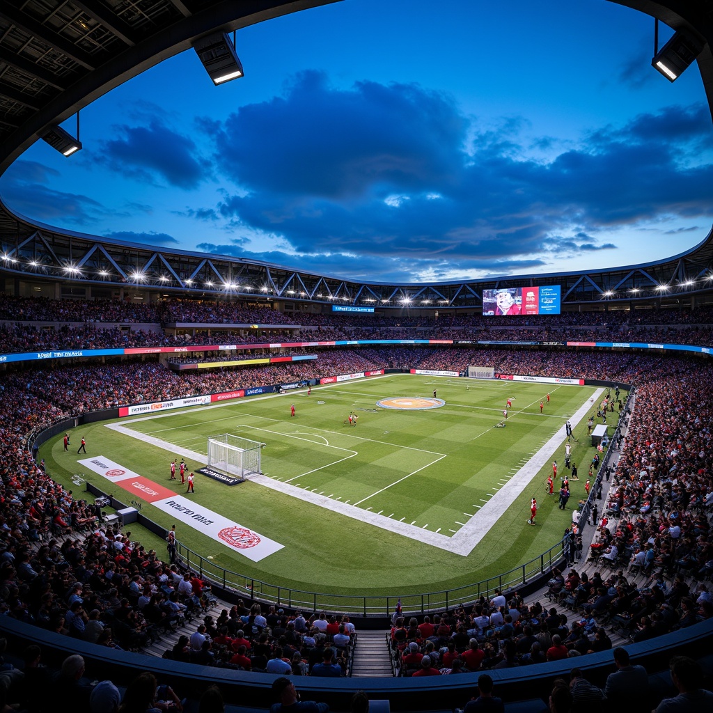 Prompt: Sleek football stadium, dynamic curvature, translucent glass fa\u00e7ade, LED light strips, metallic latticework, cantilevered rooflines, angular steel beams, vibrant team color accents, premium seating areas, luxury suites, panoramic views, atmospheric nighttime lighting, shallow depth of field, 3/4 composition, dramatic low-angle shots, realistic crowd simulations, ambient occlusion.