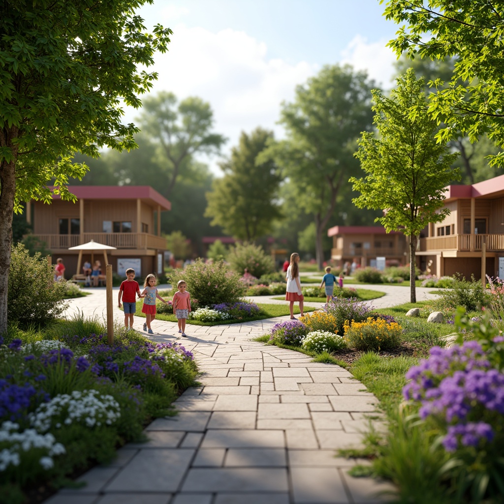 Prompt: Vibrant kindergarten playground, naturalistic landscape integration, curved wooden bridges, winding stone pathways, lush greenery, colorful flowerbeds, butterfly gardens, interactive water features, sensory play areas, educational signage, whimsical treehouses, wooden fencing, rustic outdoor classrooms, soft warm lighting, shallow depth of field, 1/1 composition, panoramic view, realistic textures, ambient occlusion.