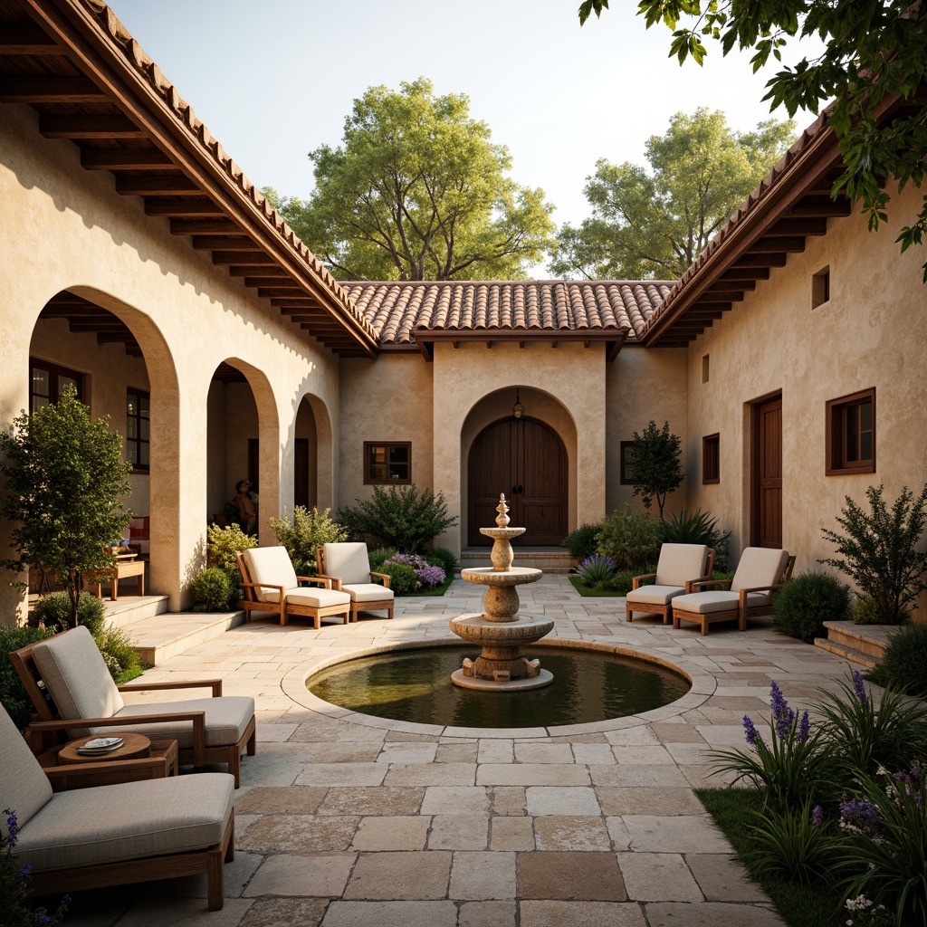 Prompt: Serene monastery courtyard, soft warm lighting, earthy tone buildings, natural stone walls, wooden accents, rustic doorways, vibrant greenery, blooming flowers, peaceful water features, calming fountain sounds, neutral color palette, beige stucco, terracotta roof tiles, weathered wood benches, worn stone pathways, subtle texture variations, shallow depth of field, 1/1 composition, warm golden hour lighting, realistic atmosphere, ambient occlusion.