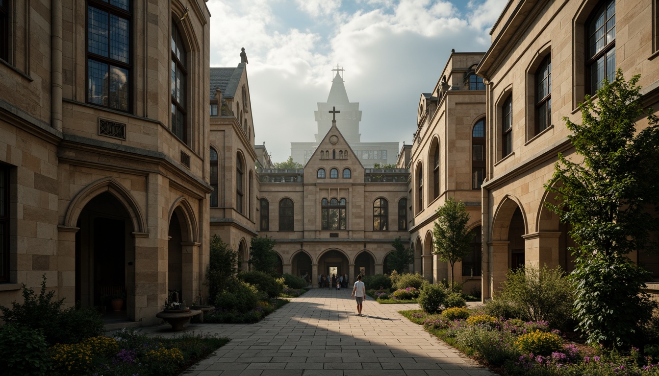 Prompt: Historic university campus, Gothic Revival architecture, weathered stone facades, pointed arches, ribbed vaults, stained glass windows, ornate carvings, mysterious atmosphere, misty morning, warm golden lighting, dramatic shadows, rich earth tones, muted greens, deep blues, warm beige stones, cool gray skies, intricate stone patterns, grandiose entrance halls, mystical ambiance, cinematic composition, high contrast ratio, atmospheric perspective.