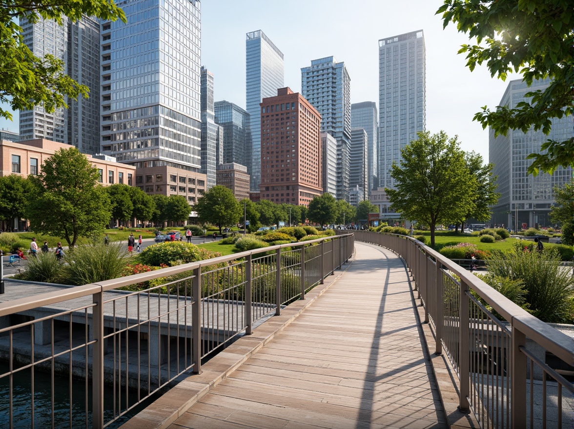 Prompt: Curved pedestrian bridge, sleek metal railings, wooden deck flooring, lush greenery, vibrant flowers, urban cityscape, modern architecture, glass skyscrapers, busy street traffic, natural stone riverbanks, flowing water, sunny day, soft warm lighting, shallow depth of field, 3/4 composition, panoramic view, realistic textures, ambient occlusion, tranquil atmosphere, connectivity to surrounding landscape.