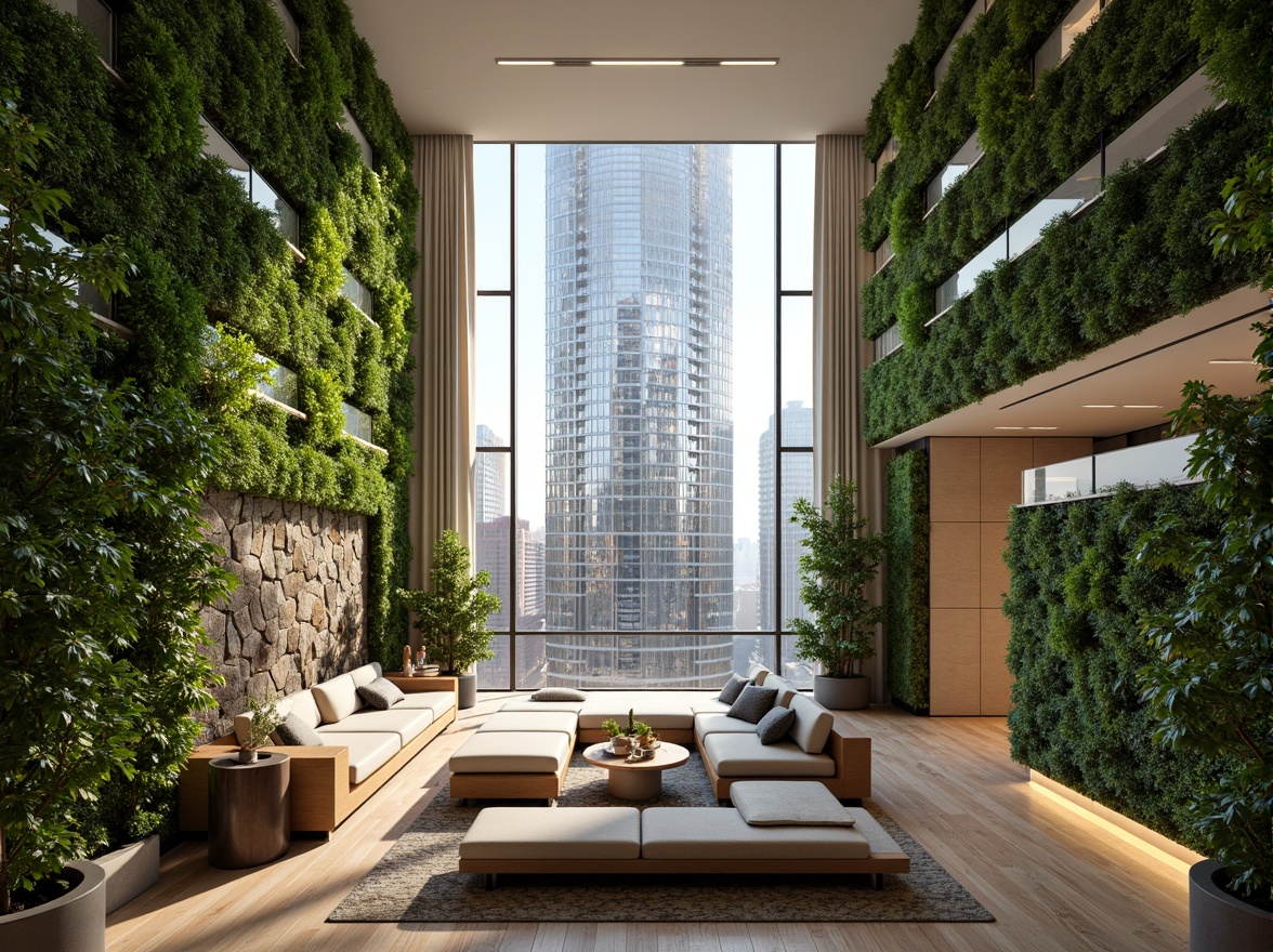 Prompt: Tall skyscraper, organic curves, lush green walls, natural stone fa\u00e7ade, floor-to-ceiling windows, abundant daylight, warm ambient lighting, soft shadows, tropical plants, living walls, modern minimalist interior, polished wooden floors, sleek metal accents, spacious open-plan layout, panoramic city views, 1/1 composition, high-key lighting, subtle texture details, realistic atmospheric effects.