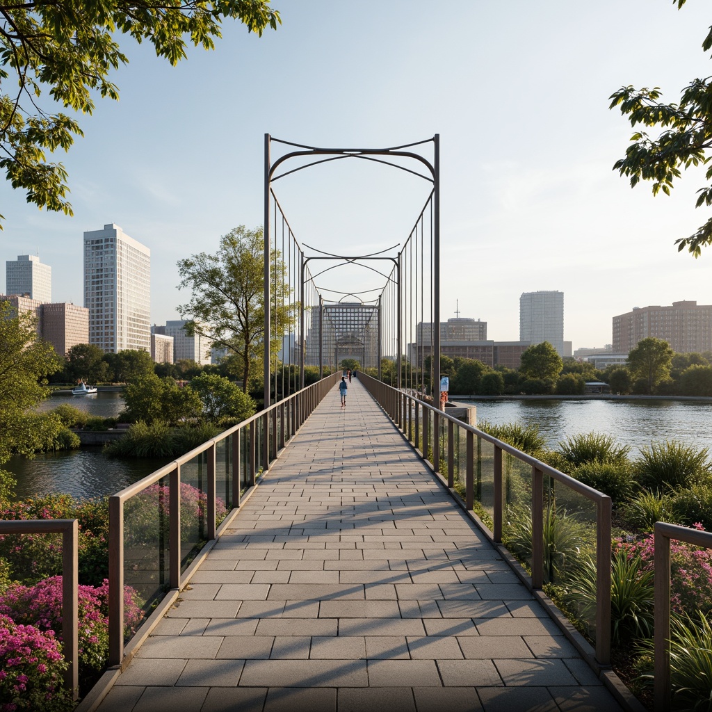 Prompt: Curved pedestrian bridge, steel arches, suspended walkway, cable-stayed structure, modern urban landscape, city skyline views, riverbank setting, lush greenery, vibrant flowers, natural stone paving, stainless steel handrails, glass barriers, soft warm lighting, shallow depth of field, 3/4 composition, panoramic view, realistic textures, ambient occlusion.