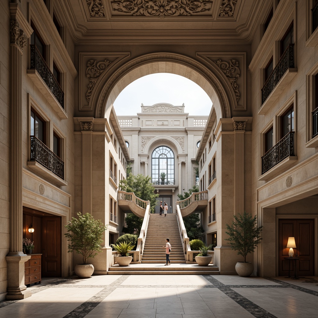 Prompt: Grand entrance, symmetrical facade, ionic columns, ornate carvings, rusticated base, arched windows, balconies with intricate metalwork, grand staircases, marble flooring, high ceilings, classical pediments, decorative cornices, ornamental friezes, subtle color palette, soft warm lighting, shallow depth of field, 3/4 composition, realistic textures, ambient occlusion.