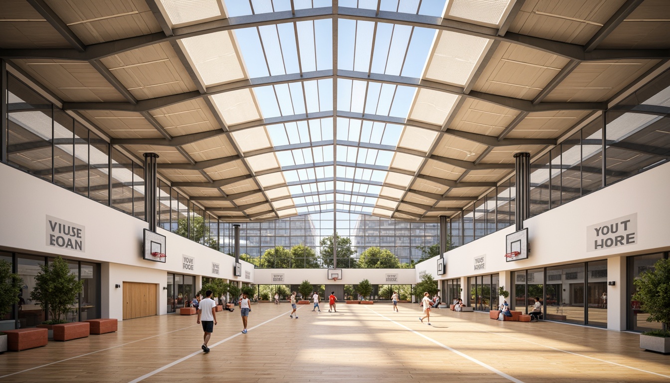 Prompt: Modern gymnasium interior, translucent roof panels, natural light diffusion, bright airy atmosphere, polished wooden floors, athletic equipment, basketball hoops, volleyball nets, spectator seating areas, motivational quotes, minimalistic design, sleek metal beams, transparent glass walls, soft warm lighting, shallow depth of field, 1/1 composition, realistic textures, ambient occlusion.