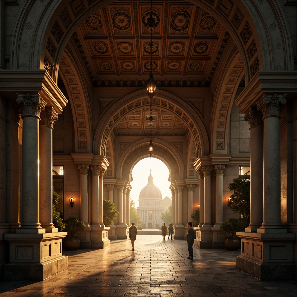 Prompt: Intricate archways, ornate carvings, grand entranceways, imposing stone structures, vaulted ceilings, majestic columns, ornamental capitals, richly patterned mosaics, warm golden lighting, soft shadows, mystical ambiance, atmospheric depth of field, 2/3 composition, dramatic view, highly detailed textures, ambient occlusion.