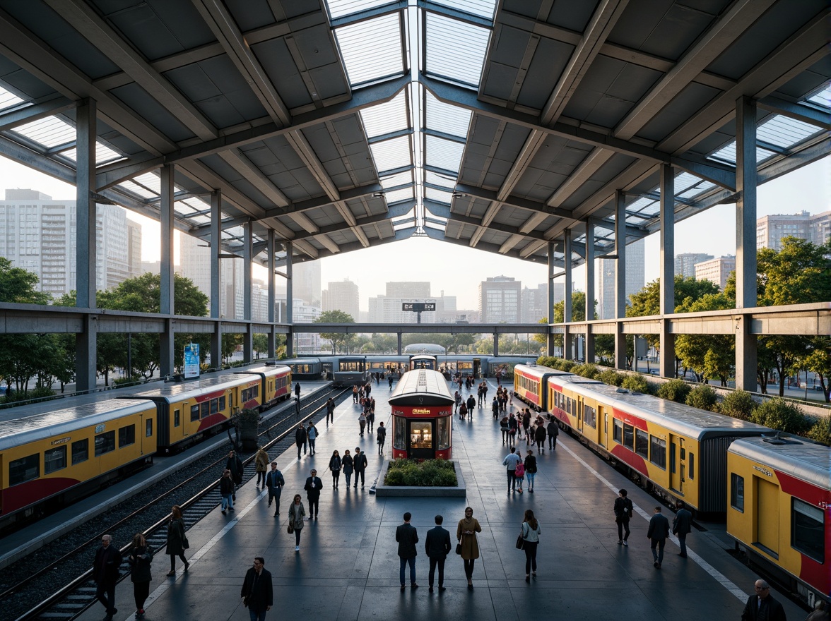 Prompt: Busy transportation hub, modern train station, sleek metallic roofs, large glass ceilings, crowded platforms, bustling atmosphere, urban cityscape, morning rush hour, soft natural lighting, shallow depth of field, 1/1 composition, realistic textures, ambient occlusion, efficient signage systems, clear wayfinding, pedestrian-friendly zones, green urban spaces, public art installations, dynamic LED displays, futuristic architecture, sustainable energy solutions.