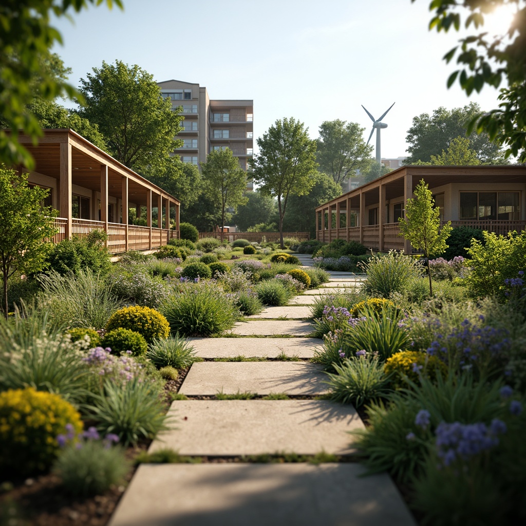 Prompt: Eco-friendly landscape, native plants, natural habitats, winding pathways, recycled materials, rainwater harvesting systems, green roofs, solar panels, wind turbines, sustainable urban planning, modern architecture, curved lines, organic shapes, earthy tones, soft natural lighting, shallow depth of field, 3/4 composition, panoramic view, realistic textures, ambient occlusion.