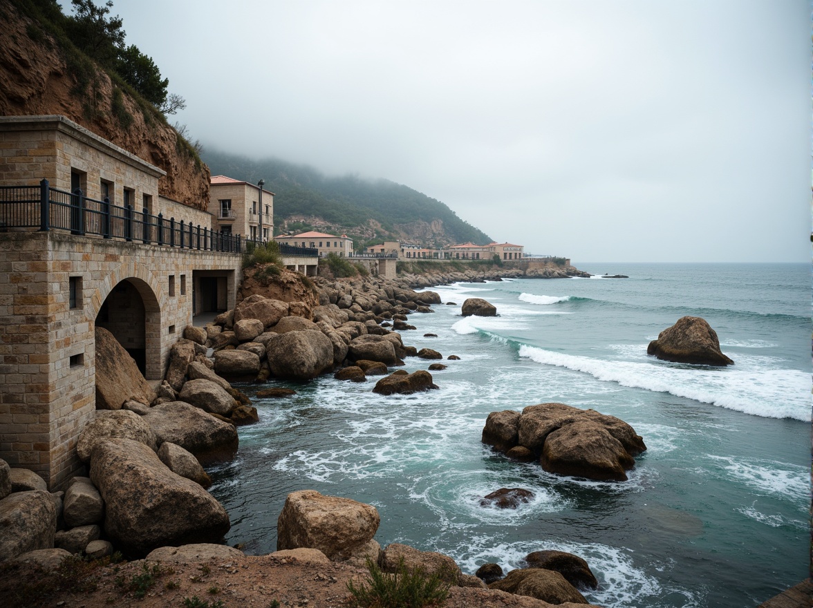 Prompt: Weathered stone walls, rugged coastal scenery, crashing waves, salty sea air, seaside promenade, beachside villas, rustic masonry construction, natural stone textures, weather-resistant materials, durable brick facades, fortified seawalls, tidal patterns, ocean-inspired color palette, soft diffused lighting, atmospheric perspective, 1/2 composition, cinematic view, realistic rock formations, subtle mist effects.