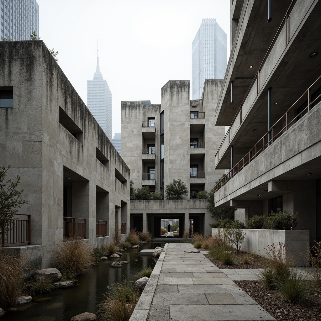 Prompt: Rough-hewn concrete walls, rugged stone foundations, weathered steel beams, distressed wood accents, brutalist fortress-like structures, imposing monumental scales, geometric angular forms, raw unfinished surfaces, industrial-style metal railings, exposed ductwork, minimal ornamentation, cold harsh lighting, dramatic shadows, high-contrast monochromatic color schemes, urban cityscape backdrops, overcast skies, moody atmospheric conditions.