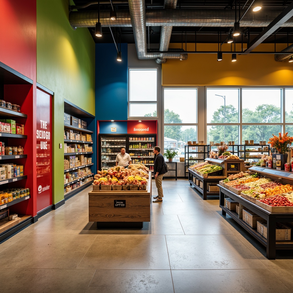 Prompt: Vibrant grocery store interior, bold primary colors, geometric shapes, industrial materials, exposed ductwork, concrete floors, metal shelving units, minimalist product displays, modernist typography, angular lines, functional simplicity, natural light pouring through large windows, warm artificial lighting, shallow depth of field, 1/1 composition, realistic textures, ambient occlusion, bold red accents, deep blue undertones, bright yellow highlights, neutral beige background, monochromatic packaging designs.