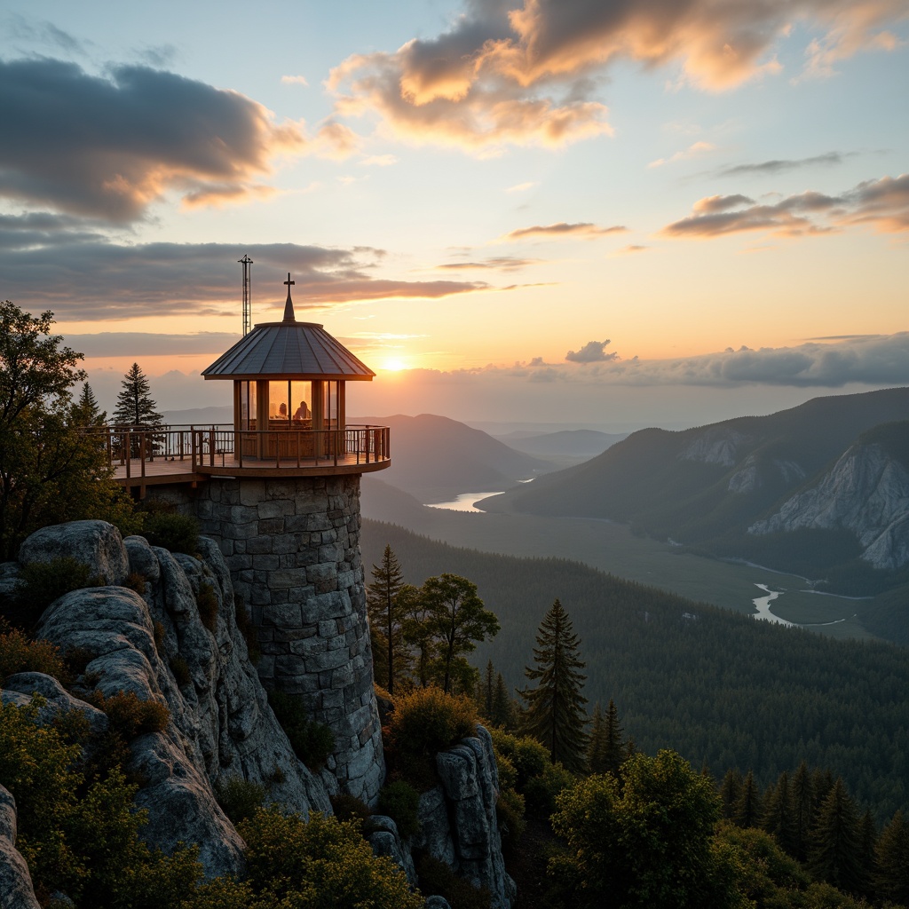 Prompt: Panoramic watching tower, rugged stone foundation, wooden observation deck, rustic metal railing, elevated viewpoints, scenic mountain ranges, misty valleys, lush forests, winding trails, sunrise golden hour, soft warm lighting, dramatic cloudy skies, cinematic composition, high-angle shots, atmospheric perspective, realistic textures, ambient occlusion.