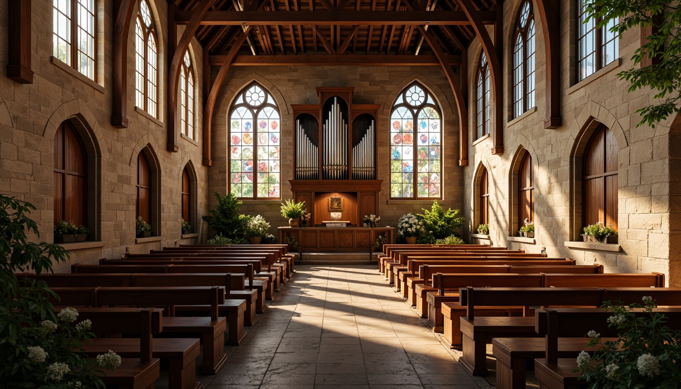 Prompt: Rustic stone walls, stained glass windows, wooden pews, ornate altars, vaulted ceilings, grand organs, intricate carvings, vibrant frescoes, devotional statues, candlelit ambiance, warm golden lighting, shallow depth of field, 1/2 composition, symmetrical framing, realistic textures, ambient occlusion, serene atmosphere, peaceful surroundings, lush greenery, blooming flowers, sunny day.