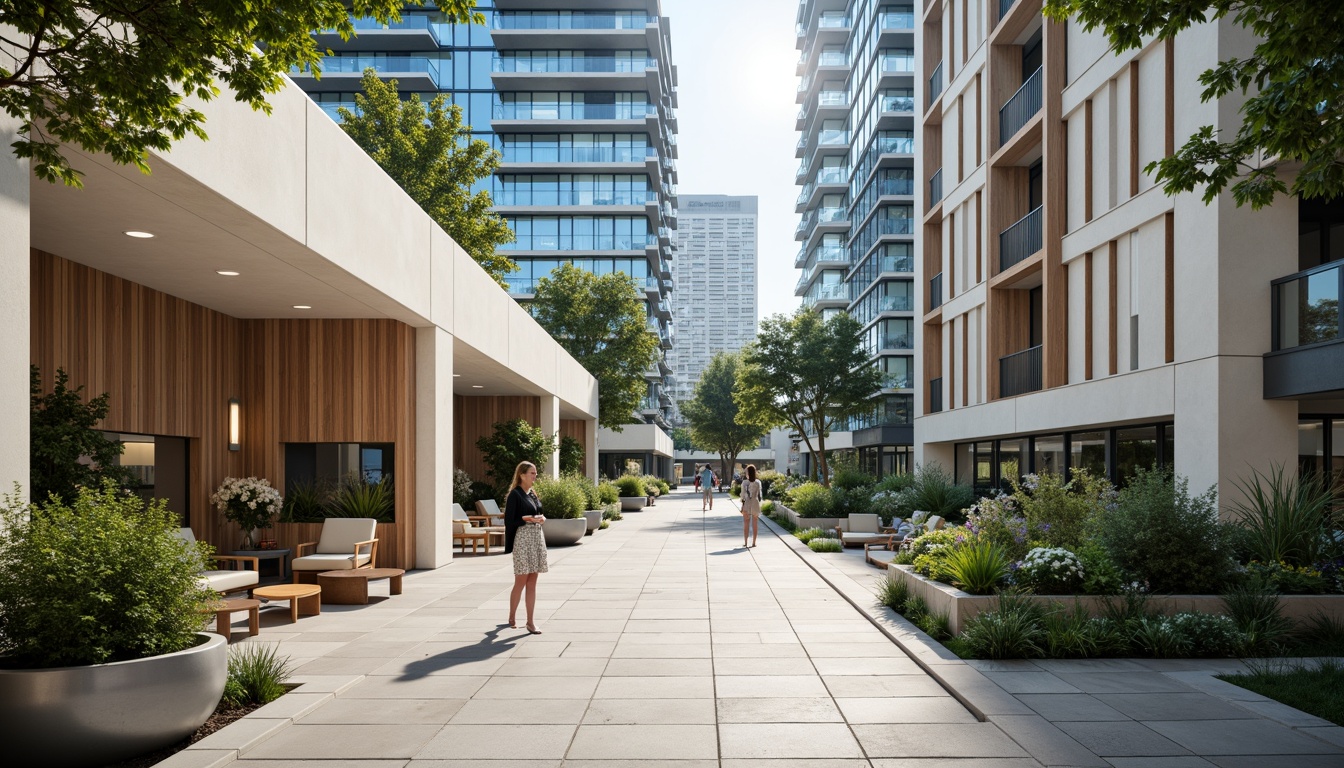 Prompt: Modern office building, sleek glass facade, neutral color scheme, calming blue accents, earthy brown tones, creamy white walls, polished metal fixtures, wooden furniture, natural stone flooring, abundant greenery, floor-to-ceiling windows, bright natural light, soft warm ambiance, shallow depth of field, 3/4 composition, realistic textures, ambient occlusion.