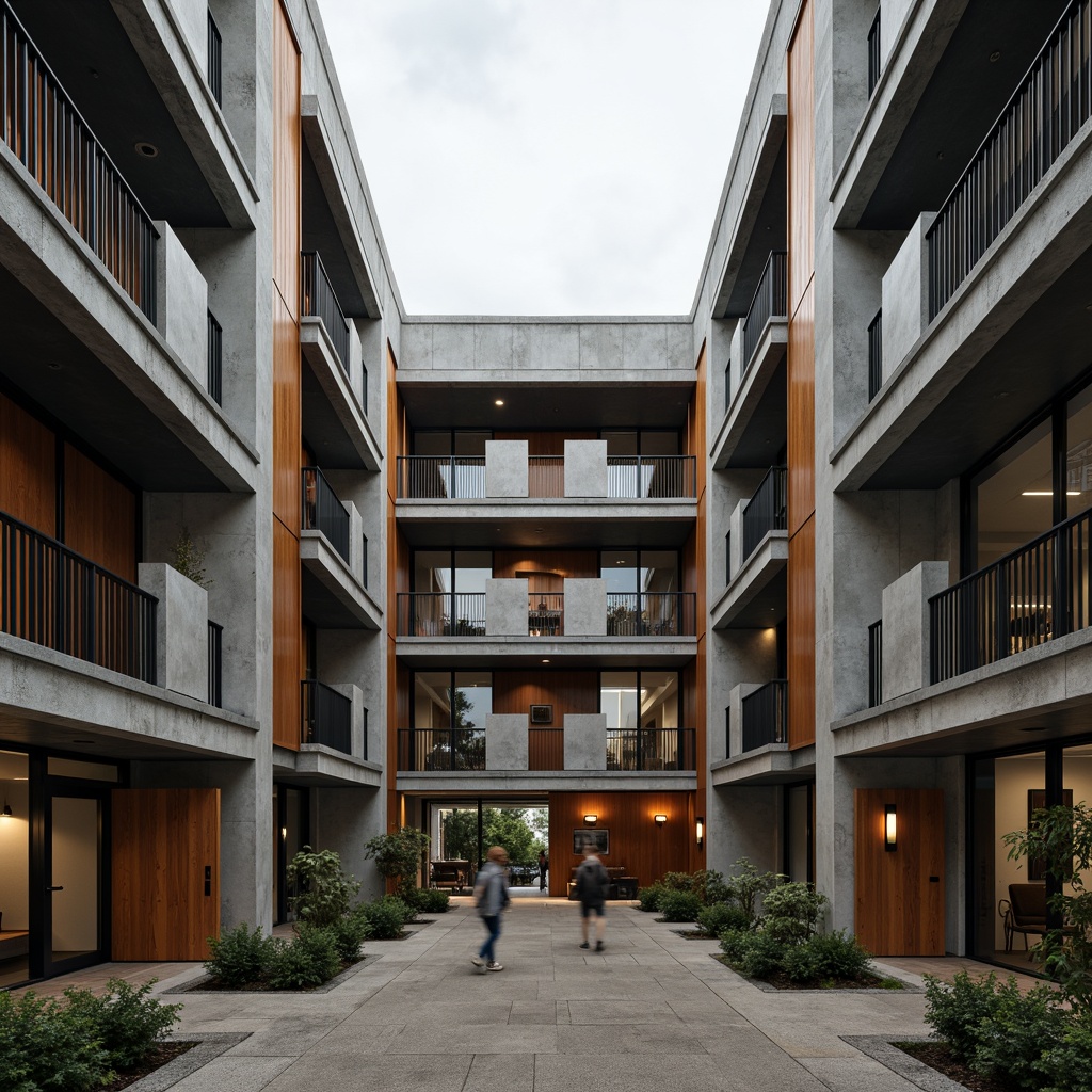 Prompt: Industrial-chic Bauhaus building, raw concrete walls, steel beams, wooden accents, minimalist decor, functional lighting fixtures, rectangular windows, metal railings, bold color schemes, geometric patterns, urban landscape, overcast sky, dramatic shadows, high contrast ratio, 1/2 composition, symmetrical framing, natural textures, ambient occlusion.