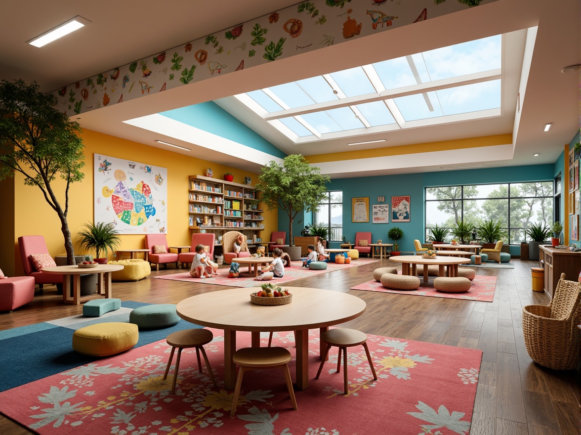 Prompt: Vibrant kindergarten interior, eclectic mix of colors, playful textures, whimsical murals, educational posters, cozy reading nooks, circular tables, ergonomic chairs, wicker baskets, natural wood accents, bold patterned rugs, oversized pillows, modern LED lighting, creative art stations, sensory play areas, interactive whiteboards, flexible seating arrangements, collaborative learning spaces, sunny skylights, warm atmosphere, shallow depth of field, 1/1 composition, softbox lighting.