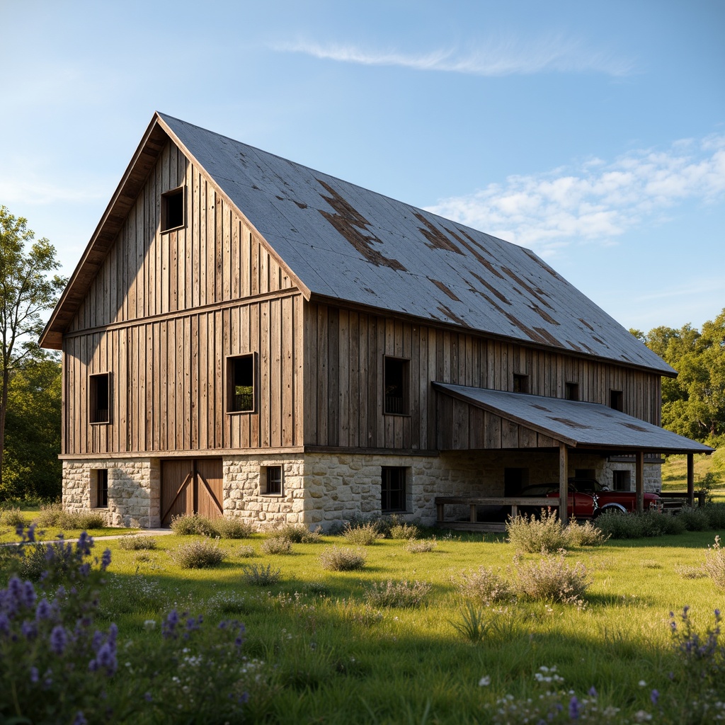 Prompt: Rustic barn, weathered wooden planks, distressed metal roofs, vintage farm equipment, hayloft windows, natural stone foundations, earthy color palette, rural landscape, rolling hills, wildflowers, sunny afternoon, warm soft lighting, shallow depth of field, 1/1 composition, symmetrical framing, realistic wood grain textures, ambient occlusion.