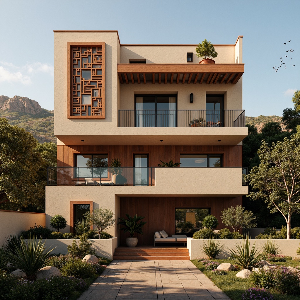 Prompt: Villa facade, constructivist architecture, geometric shapes, abstract patterns, bold colors, rough textures, industrial materials, metal accents, brutalist elements, asymmetrical composition, dramatic lighting, warm color palette, Mediterranean landscape, olive trees, sun-kissed hills, terracotta rooftops, ornate balconies, decorative railings, modernist influences, clean lines, minimalist decor, natural stone walls, earthy tones, rustic charm, atmospheric perspective, high-contrast rendering, cinematic composition.