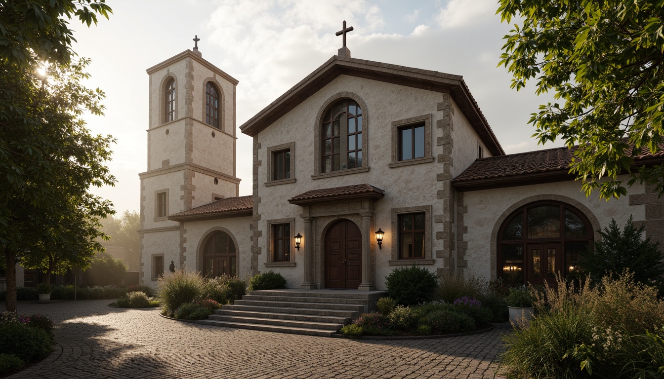 Prompt: Rustic church exterior, weathered stone walls, steeply pitched roof, wooden cross, bell tower, arched windows, heavy wooden doors, ornate metalwork, lantern-style lighting, cobblestone pathways, lush greenery surroundings, misty morning atmosphere, soft warm lighting, shallow depth of field, 1/2 composition, symmetrical framing, realistic textures, ambient occlusion.