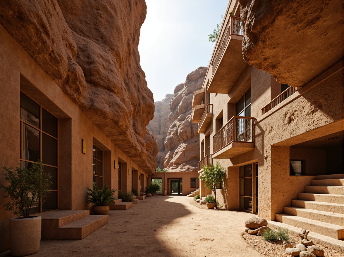 Prompt: Rugged canyon terrain, weathered rock formations, sandy sedimentary layers, earthy tone buildings, natural stone walls, rough-hewn wooden accents, rusty metal details, woven fiber textiles, organic curves, cantilevered structures, deep overhangs, dramatic shadows, warm golden lighting, soft focus blur, atmospheric perspective, 1/2 composition, realistic rock textures, ambient occlusion.