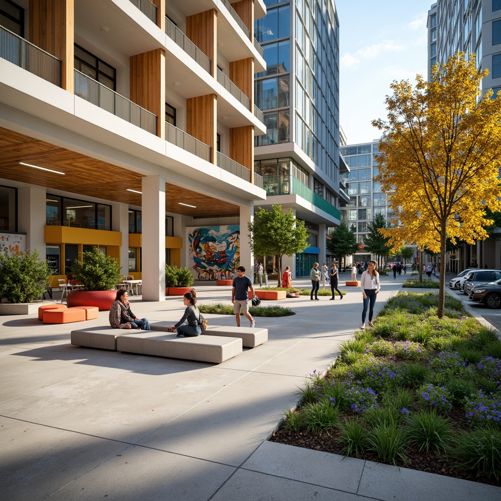 Prompt: Vibrant community center, modern architecture, open floor plan, natural light, wooden accents, comfortable seating areas, collaborative workspaces, interactive exhibits, educational displays, colorful murals, green walls, urban gardens, pedestrian-friendly pathways, public art installations, dynamic street furniture, bustling city atmosphere, warm sunny day, soft focus, 3/4 composition, shallow depth of field.