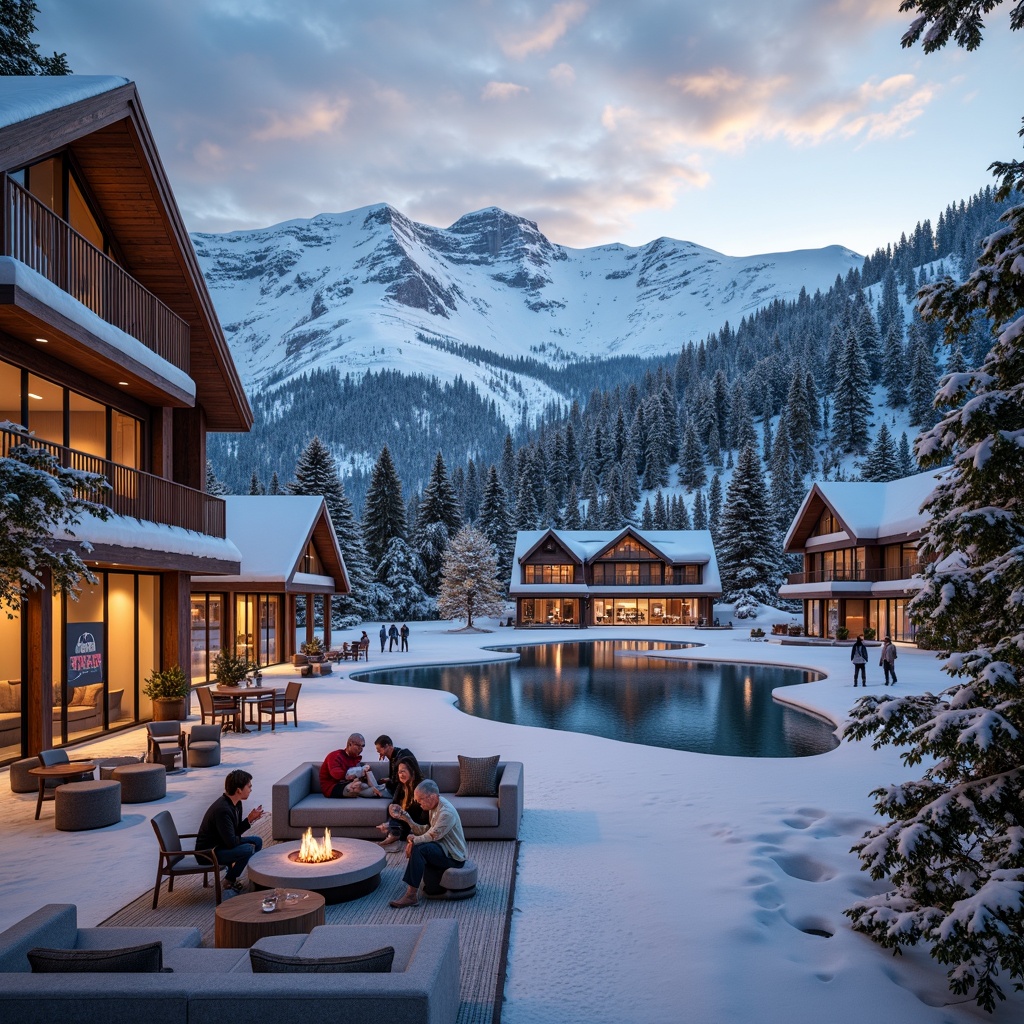 Prompt: Snow-capped mountains, lush alpine forests, frozen lakes, ski lifts, rustic wooden chalets, modern ski center architecture, large glass windows, minimalist interior design, warm cozy fireplaces, comfortable lounge seating, vibrant winter sports equipment, snowboarding gear, skiing accessories, scenic mountain vistas, dramatic sunsets, soft golden lighting, shallow depth of field, 1/2 composition, panoramic view, realistic textures, ambient occlusion.