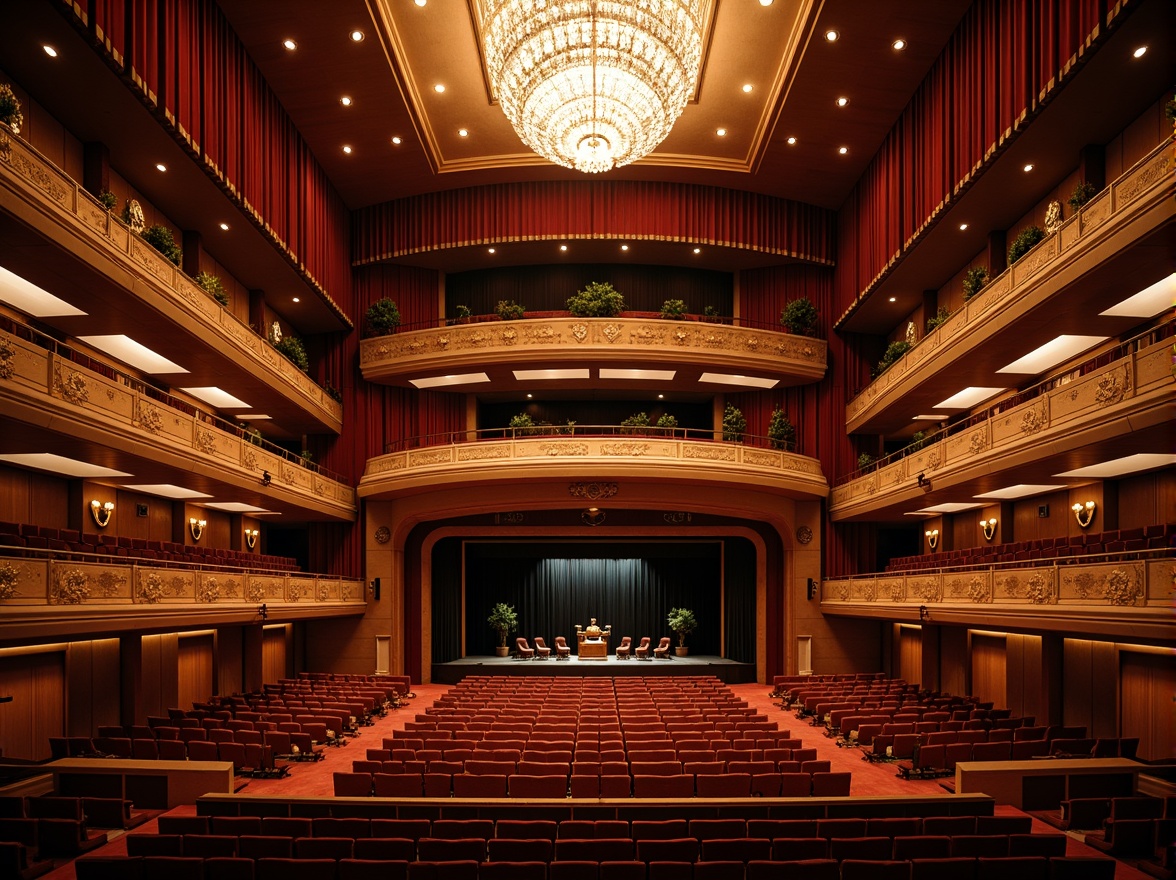 Prompt: Elegant auditorium interior, tiered seating arrangement, curved rows, ornate balconies, grand chandelier, plush velvet curtains, polished wooden floors, acoustic paneling, soundproofing materials, state-of-the-art lighting systems, dramatic spotlights, warm ambient glow, 3/4 composition, symmetrical layout, central focal point, regal color scheme, luxurious textiles, intricate moldings, ornate details, high ceiling, spacious atmosphere, soft diffused lighting.