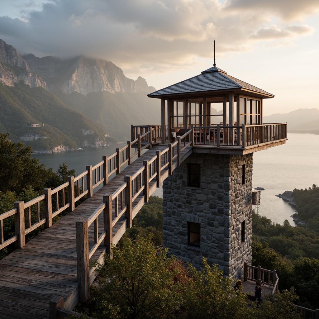 Prompt: Elevated watchtower, rugged stone foundation, wooden plank walkways, scenic lookout points, rustic metal railings, weathered wooden decks, majestic mountain ranges, serene lakeside scenery, misty morning atmosphere, warm golden lighting, shallow depth of field, 1/2 composition, symmetrical framing, dramatic cloudscape, realistic wood textures, ambient occlusion.