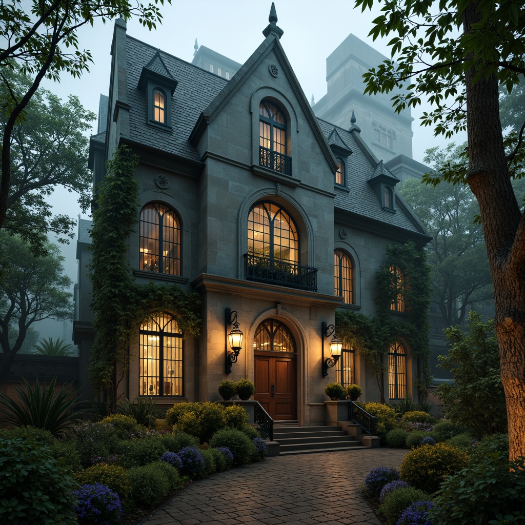 Prompt: Mysterious Gothic office building, overgrown ivy walls, crumbling stone fa\u00e7ade, ornate iron gates, eerie foggy atmosphere, dimly lit lanterns, winding cobblestone paths, ancient trees with twisted branches, misty morning dew, dramatic shadows, rich greenery, vibrant flowers, moss-covered statues, intricate stone carvings, grand entrance stairs, imposing wooden doors, warm golden lighting, shallow depth of field, 2/3 composition, cinematic perspective, realistic textures.