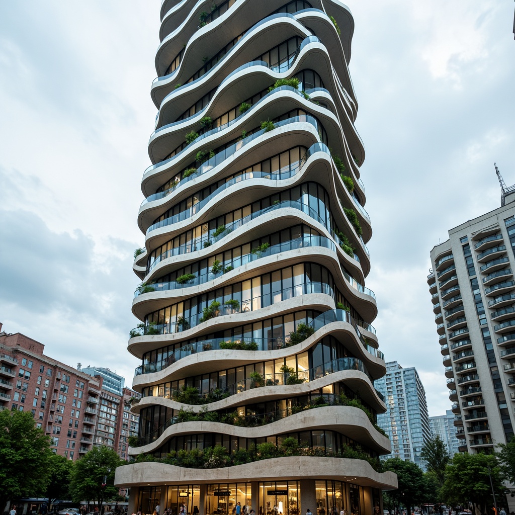 Prompt: Curvaceous skyscraper facade, organic shapes, undulating lines, natural stone cladding, green walls, cantilevered floors, futuristic architecture, sleek glass surfaces, iridescent colors, parametric design, algorithmic patterns, biomimetic forms, urban jungle, cityscape views, cloudy day, soft diffused lighting, high-rise building, vertical forest, eco-friendly materials, sustainable energy systems, wind turbines, solar panels, shaded outdoor spaces, misting systems, 3/4 composition, panoramic view, realistic textures, ambient occlusion.