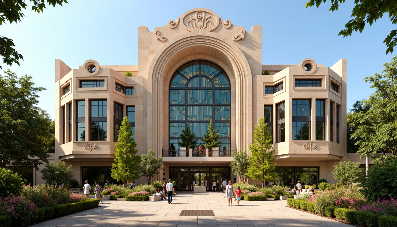 Prompt: Ornate gymnasium facade, flowing organic lines, sinuous curves, dynamic shapes, ironwork details, stained glass windows, grand entrance archway, decorative balconies, ornamental turrets, vibrant turquoise accents, warm beige stone walls, lush greenery, blooming flowers, sunny day, soft warm lighting, shallow depth of field, 3/4 composition, panoramic view, realistic textures, ambient occlusion.Let me know if you need any further adjustments!