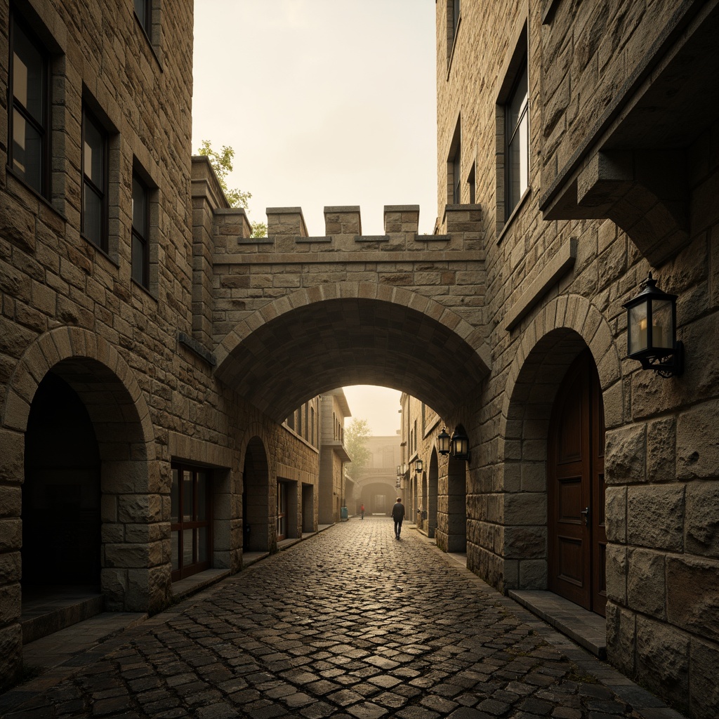 Prompt: Ancient stone fortifications, rugged medieval architecture, fortified walls, sturdy buttress supports, rustic stonework, weathered granite textures, mystical misty atmosphere, warm golden lighting, dramatic shadows, low-angle composition, cinematic perspective, rich historical context, ornate Gothic details, imposing structural elements, fortified gatehouses, grandiose entranceways.