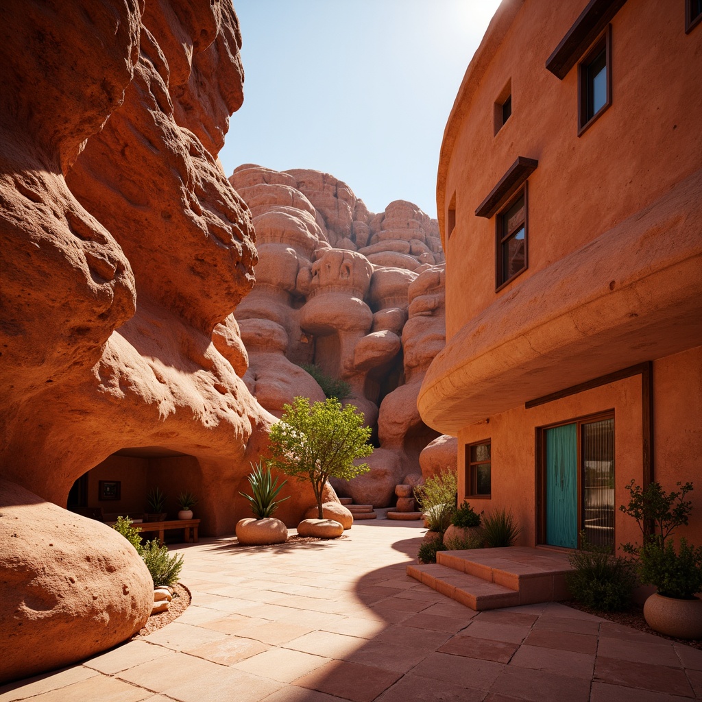 Prompt: Rugged canyon landscape, rust-red rock formations, sweeping curves, natural stone walls, earthy tones, adobe-inspired architecture, curved lines, organic shapes, rustic wooden accents, woven textiles, vibrant turquoise accents, Southwestern patterns, warm golden lighting, soft shadows, 1/2 composition, atmospheric perspective, realistic rock textures, subtle depth of field.