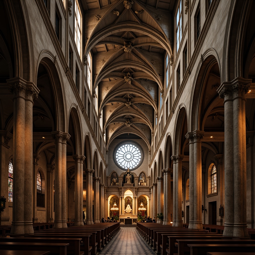 Prompt: Intricate stone carvings, ribbed vaults, soaring pointed arches, grandiose cathedrals, ornate rose windows, stained glass, majestic columns, flying buttresses, delicate tracery, mysterious ambiance, warm golden lighting, dramatic shadows, 1/2 composition, symmetrical framing, high-angle shot, cinematic atmosphere, mystical mood.