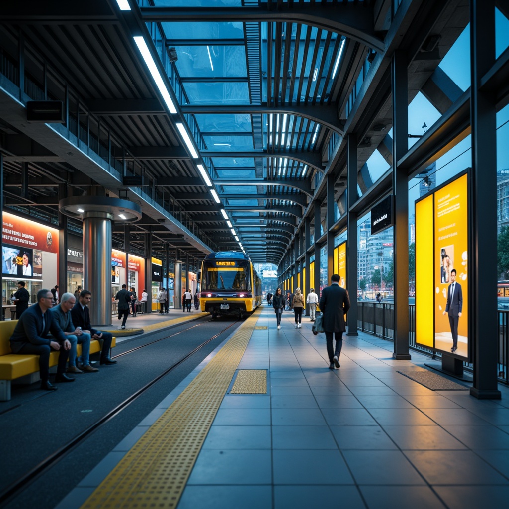 Prompt: Modern tram station, sleek metal beams, urban infrastructure, vibrant city lights, bustling pedestrian traffic, concrete flooring, stainless steel handrails, futuristic signage, electronic display boards, comfortable seating areas, atmospheric lighting, shallow depth of field, 1/2 composition, realistic textures, ambient occlusion, cool tone color palette, calming blue hues, energetic yellow accents, neutral gray backgrounds.