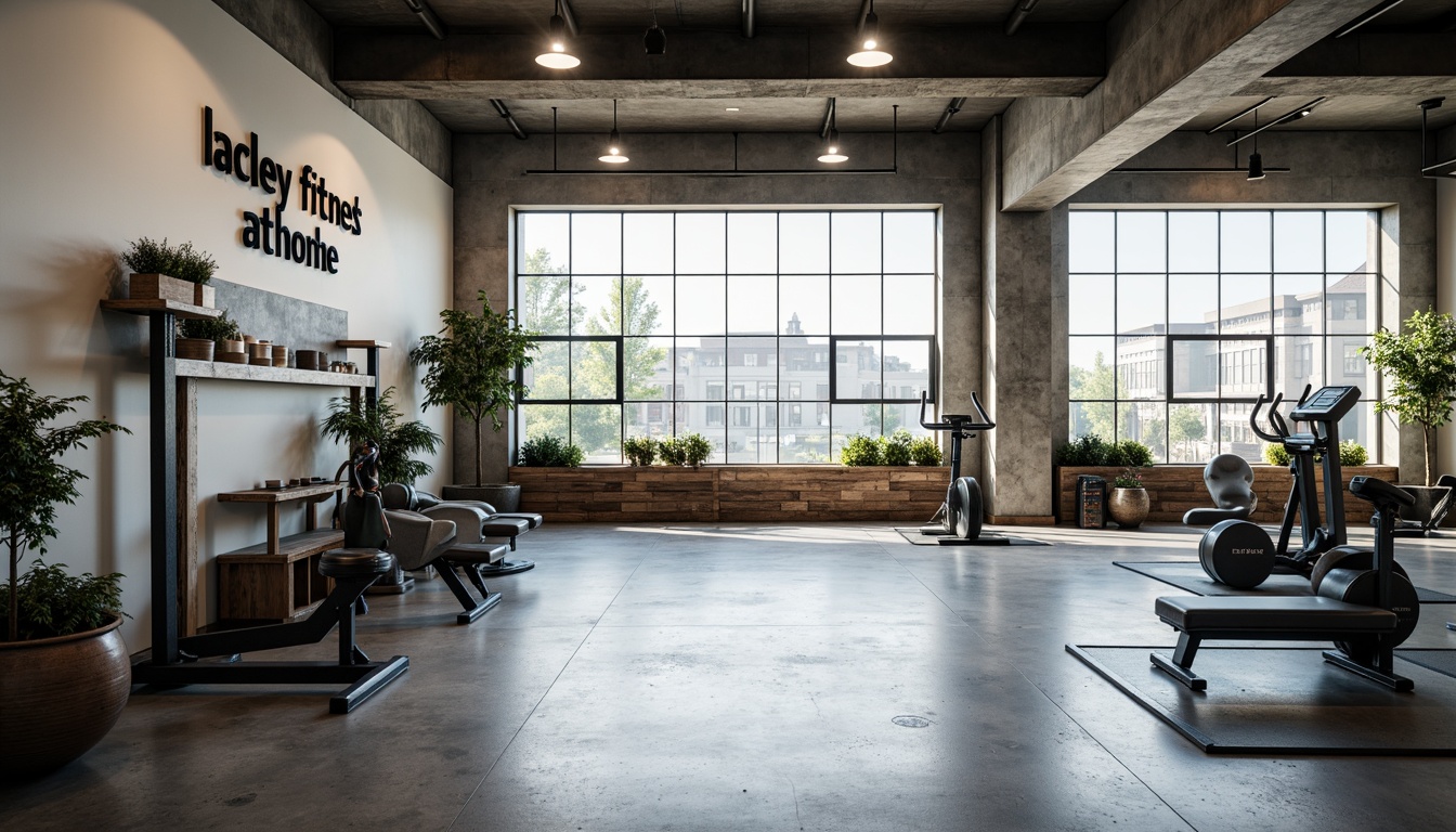 Prompt: Monochromatic fitness club, industrial chic atmosphere, concrete floors, minimalist lighting fixtures, neutral tone walls, reclaimed wood accents, sleek metal equipment, low-key branding, bold typography, calming color scheme, soothing whites, creamy grays, deep blues, natural textures, urban landscape views, morning sunlight, softbox lighting, shallow depth of field, 1/1 composition, realistic reflections, ambient occlusion.