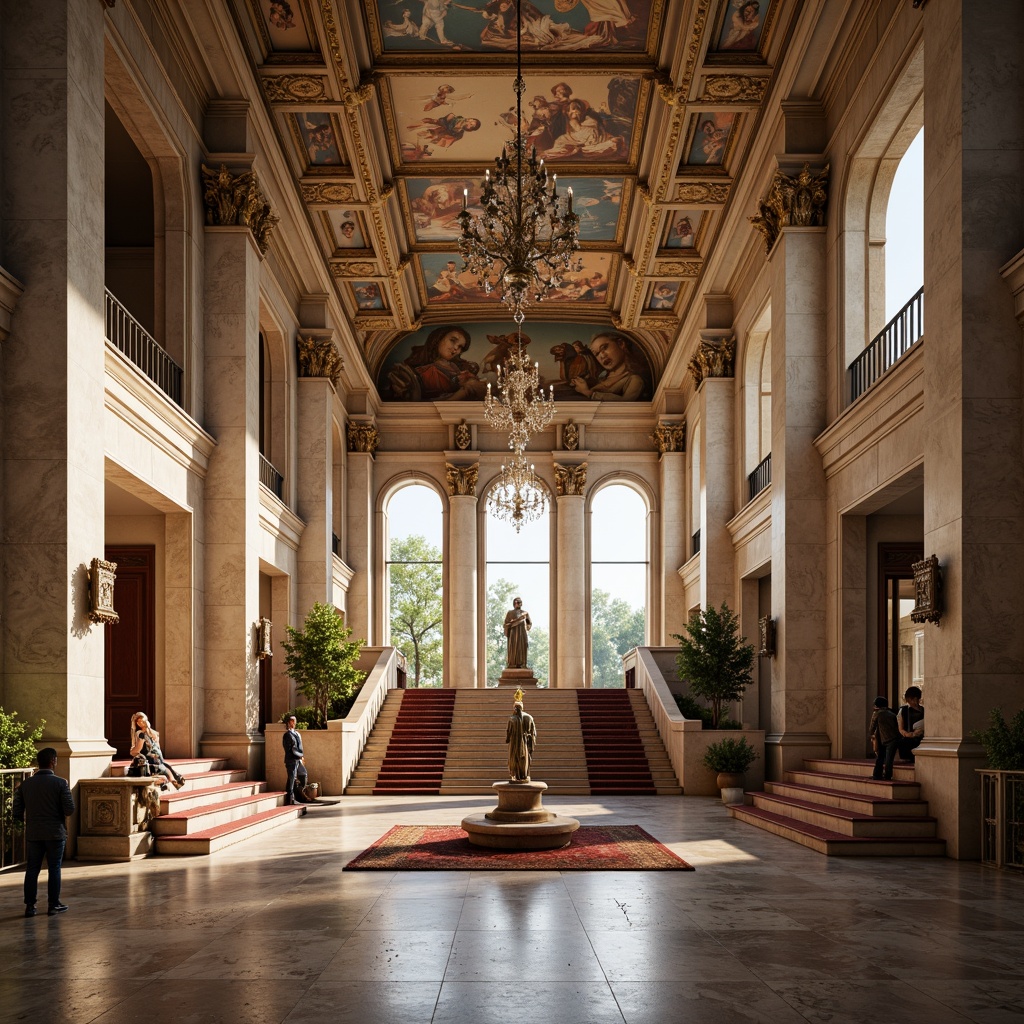 Prompt: Grandiose neoclassical building, ornate columns, intricately carved capitals, smooth marble surfaces, symmetrical facade, grand entrance, sweeping staircases, elegant archways, vaulted ceilings, richly patterned rugs, opulent chandeliers, classical statues, vibrant frescoes, soft warm lighting, shallow depth of field, 1/1 composition, realistic textures, ambient occlusion.