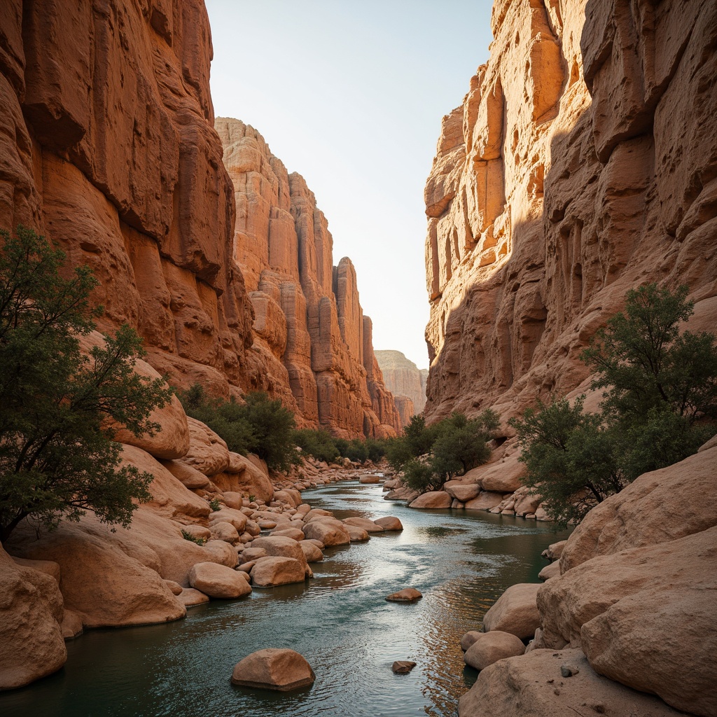 Prompt: Earth-toned canyon landscape, rugged rock formations, sandy beige terrain, turquoise river streams, majestic cliff faces, warm golden sunsets, rustic wooden accents, natural stone textures, earthy brown hues, muted greenery, soft misty atmosphere, shallow depth of field, 1/1 composition, panoramic view, realistic rock patterns, ambient occlusion.