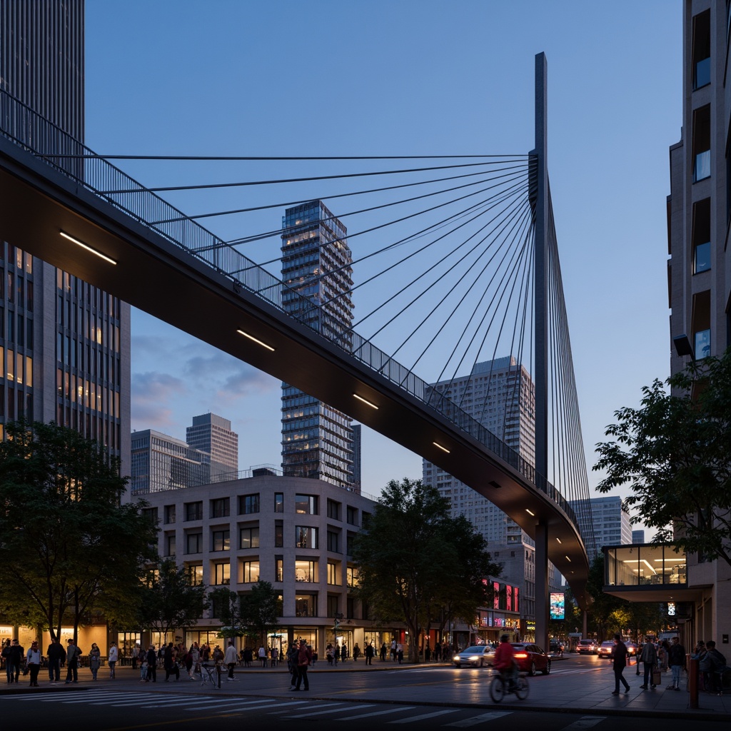 Prompt: Sleek pedestrian bridge, modernist architecture, steel beams, cable-stayed design, geometric shapes, minimalist railings, cantilevered sections, asymmetrical forms, urban landscape, city skyline, busy streets, vibrant nightlife, warm evening lighting, shallow depth of field, 1/1 composition, low-angle view, realistic reflections, ambient occlusion.