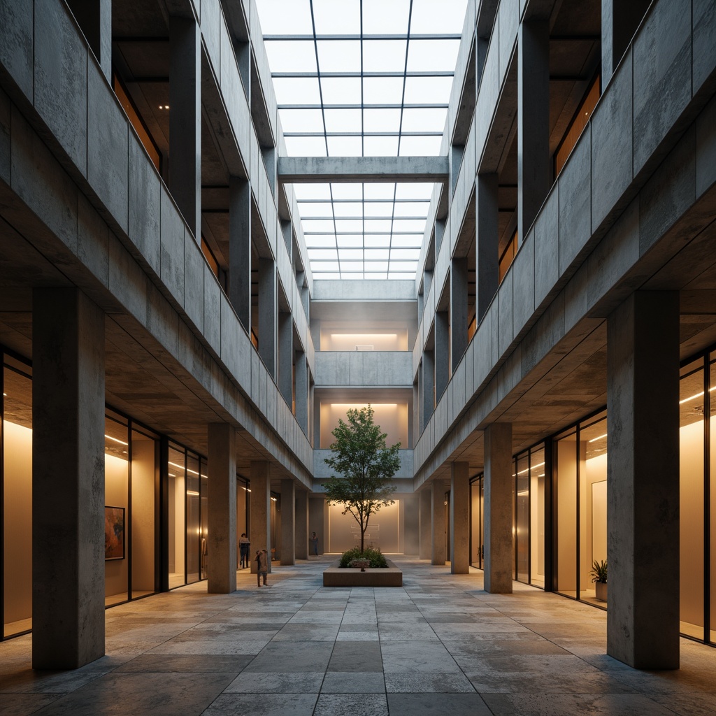 Prompt: Modernist courtyard, minimalist architecture, clean lines, rectangular shapes, industrial materials, exposed ductwork, steel beams, concrete floors, functional lighting, suspended pendant lamps, recessed ceiling lights, warm neutral color palette, abundant natural light, clerestory windows, skylights, soft diffused lighting, 1/1 composition, symmetrical framing, high contrast ratio, dramatic shadows, moody ambiance, atmospheric mist.